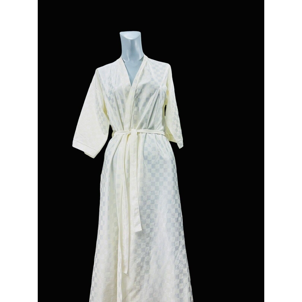Vtg Women's Small Julie Girl  Ivory Checkered Robe Kimono USA made Pocket Read‎